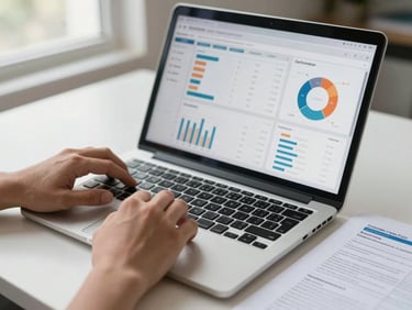 Close-up of hands over a desk reviewing a campaign performance dashboard on a laptop screen, metrics and charts visible, a printed creative brief beside the keyboard, natural window light from the left, clean editorial feel
