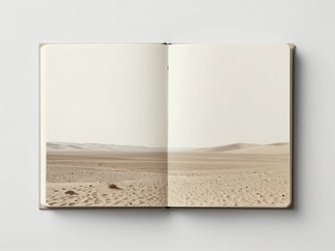 Fotografía de boceto en cuaderno de campo, paisaje desértico con horizonte bajo, luz difusa, tonos neutros, estilo de fotografía de bellas artes.