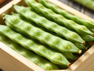 Macro photograph of freshly harvested bright green drumstick pods stacked neatly in a wooden crate under bright natural sunlight