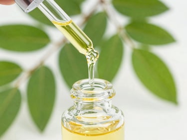 Close-up of golden moringa seed oil dripping slowly from a glass dropper into a clear vial, bright clinical lighting