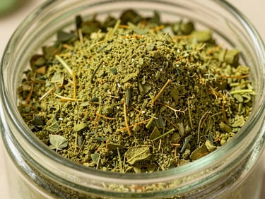 Macro shot of vibrant green fine moringa leaf powder inside a clean glass jar, soft natural side lighting