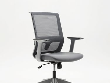 Minimalist modern ergonomic office chair, clean straight-on geometric alignment, cool desaturated tones, sharp focus