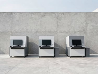 High-end commercial office machinery integrated into a clean concrete wall, bright natural daylight, minimalist architectural photography
