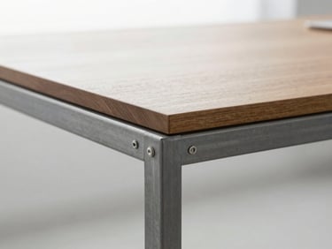 Close-up of a minimalist office desk structural joint, raw steel and premium timber, soft diffused interior lighting, sharp focus