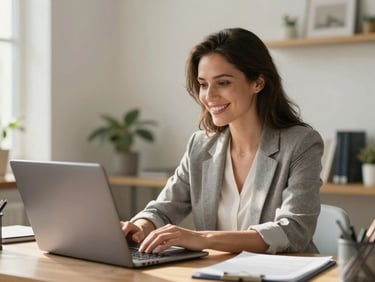 Soft sunlight, medium shot of a reassuring female professional smiling during a video call on a laptop screen, neat home office background.