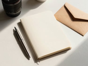 Warm aesthetic flatlay of a neat notebook, an elegant pen, and a closed envelope on a clean workspace, soft shadows.