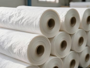 Stacked rolls of raw cotton bedsheets and linens in a bright factory warehouse, clean industrial setting, natural daylight