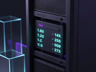 Macro close-up of server hardware with precise status indicators, low-key ambient light with sharp neon turquoise highlights, dark-themed developer interface, sleek 3D render