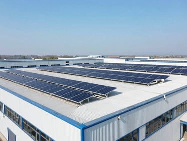 Wide architectural shot of a modern clean industrial facility roof with perfectly aligned solar panels under bright direct sunlight, high-contrast engineering aesthetic, 35mm lens.