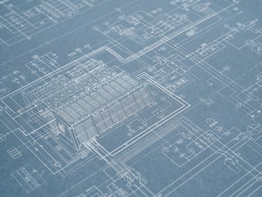 Extreme close-up of a high-tech battery storage installation schematic, crisp technical blueprint lines, cool slate and blue tones, sharp focus, architectural lens