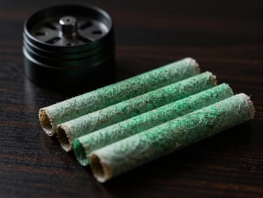 Textured organic rolling papers alongside a premium matte black metal grinder, dark wooden surface, subtle emerald glow