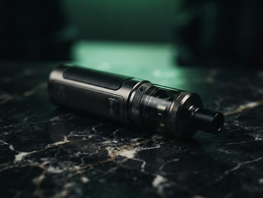 Moody close-up of premium vape hardware on a textured black marble counter, soft green ambient backlighting, cinematic macro, 50mm lens