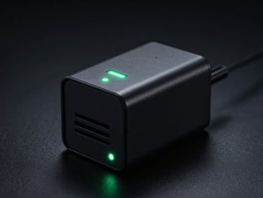 Sleek black battery charger with glowing green indicator lights, premium matte finish, dark atmospheric background