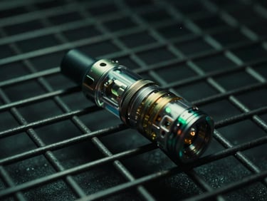 Close-up of a high-performance vape coil and clear replacement pod, resting on a dark metallic grid, dramatic low-key lighting