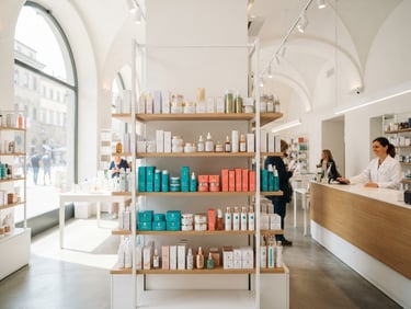Bright high-key interior of a modern Italian pharmacy, clean white shelves with premium cosmetics, warm daylight streaming through large windows, electric teal accents, 50mm