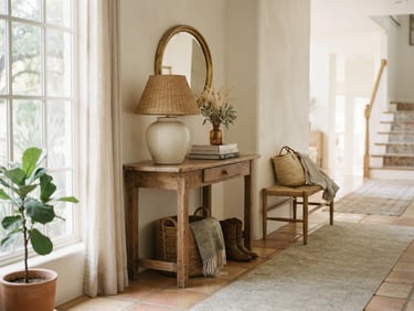 Soft morning window light illuminating a beautifully organized Texas home entryway, neutral cream tones, shallow depth of field, 35mm