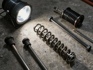 Overhead view of a broken torsion spring lying on a concrete garage floor next to cable hardware and winding bars, tungsten shop light, documentary style