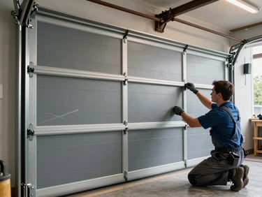 Wide shot of a technician aligning a new steel panel garage door on its track inside a residential garage, shop-level tungsten lighting, hands-on installation in progress