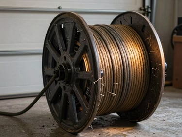 Close-up of frayed garage door cable wrapped around a drum, tungsten shop light illuminating the cable strands, concrete floor visible below