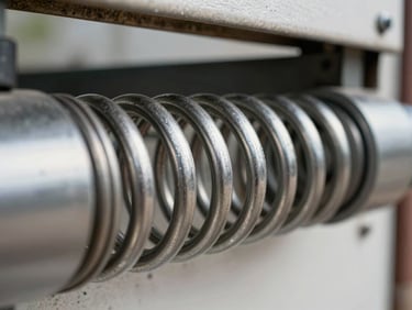 Extreme close-up of a torsion spring coil on a garage door shaft, natural daylight from an open garage, sharp metallic texture and tension visible in the steel