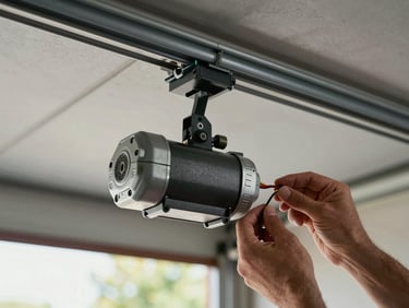 Close-up of a garage door opener motor unit mounted to ceiling track, technician's hand checking wiring connection, natural daylight from open bay