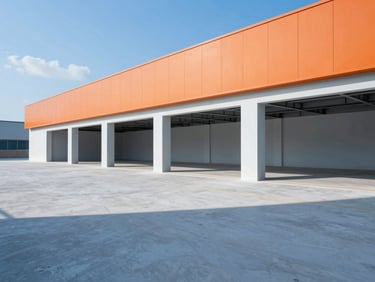 Interior of a newly completed commercial tenant build-out, clean lines, modern finishes, bright natural daylight, structured grid, cool blue and safety orange tones.