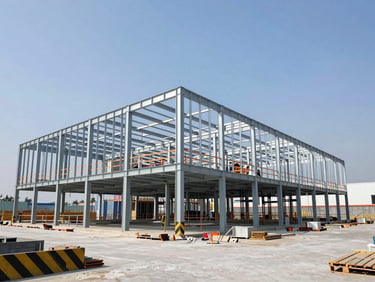 Wide shot of a modern commercial building under renovation, structural steel framing visible, clean and organized construction site under bright daylight.