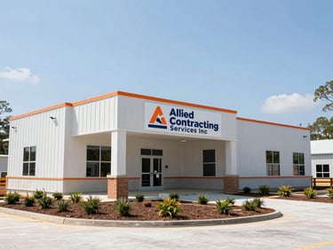 Wide shot of a large-scale property improvement project, new facade, landscaping, branded Allied Contracting Services Inc signage, bright natural South Carolina daylight.