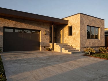 Low-angle architectural wide shot of a modern Escondido home with a pristine, newly poured concrete driveway and architectural entry stairs, golden-hour sunlight, rich earth tones, sharp focus.