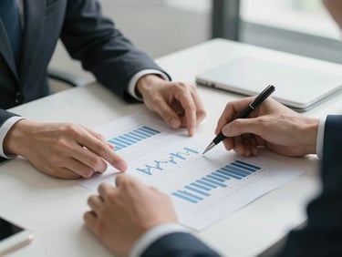 Close-up of hands working over financial models on a clean desk, natural overcast daylight, highly professional and analytical atmosphere.