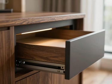 Macro shot of a soft-close drawer mechanism in action, integrated LED cabinet lighting, shallow depth of field, showcasing precision engineering