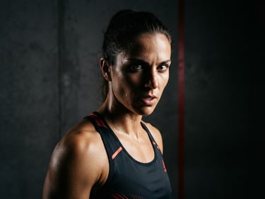 High-contrast portrait of an athlete in intense focus, dramatic studio lighting, sharp shadows, minimalist background with a subtle red line, 35mm lens.