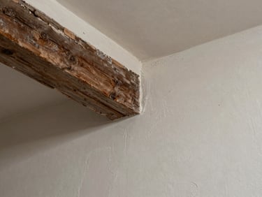 A high-angle detail study of a hand-applied plaster wall meeting a reclaimed timber beam, soft side lighting casting deep textures.