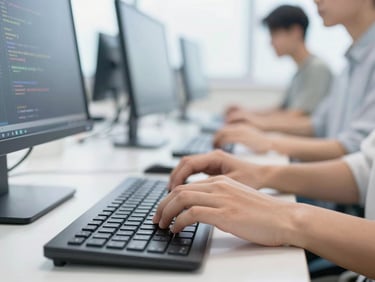 Close-up of a student's hands typing code on a modern keyboard, bright high-key lighting, soft background blur of a clean computer lab