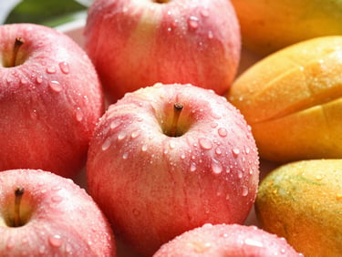 Close-up macro shot of vibrant red apples and sweet ripe mangoes with water droplets, bright morning sunlight, shallow depth of field.
