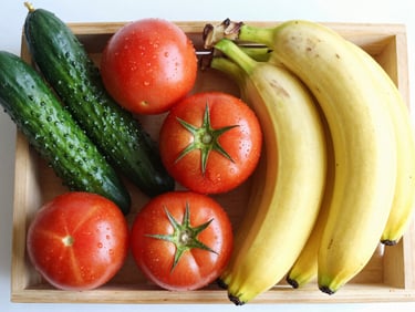 Overhead flat-lay of a clean wooden basket filled with fresh, vibrant local tomatoes, cucumbers, and bananas, bright natural morning light, crisp saturated colors
