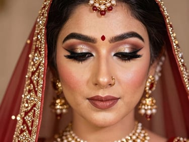 Close-up of elegant Indian bridal makeup, detailed eye artistry, warm studio lighting
