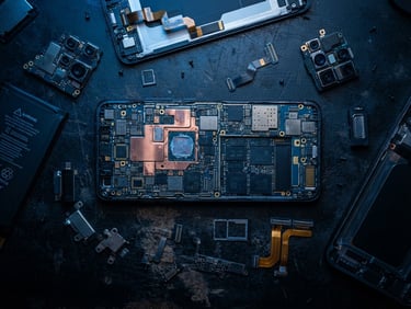 Top-down flat lay of disassembled smartphone on a dark workbench, exposed circuit boards, copper shielding, microchips, under moody blue studio spotlight, macro lens, 35mm