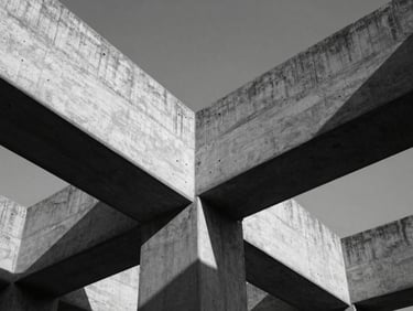 Stark black and white architectural photograph showing sharp angles and structural tension of modern concrete beams, high-contrast shadows