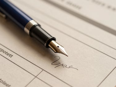 Macro detail of a fountain pen resting on a signed corporate tax registration document, soft diffused light, warm sand tones.