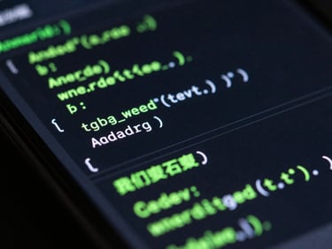 Macro shot of physical Android phone displaying clean code structure on IDE, glowing neon-green syntax highlighting, dark studio lighting