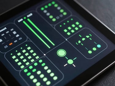 Top-down view of an Android tablet displaying a dark industrial IoT control panel, neon-green status indicators, clean lines