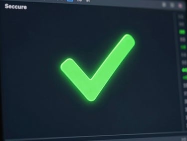 Close-up of a dark financial terminal screen showing secure transaction success, neon-green checkmark, crisp details