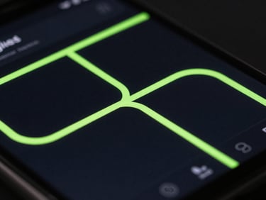 Macro shot of a dark logistics app interface on an Android phone, neon-green route lines, high-contrast studio lighting, 35mm lens