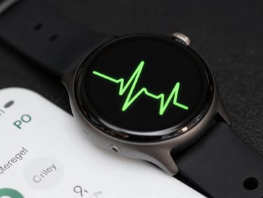Macro of a medical tracker app UI on a smartwatch, glowing neon-green heart rate graph, dark background
