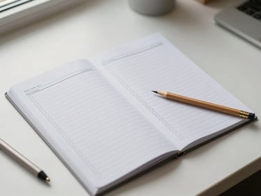 Overhead flat-lay of a habit tracker sheet with small checkboxes filled in pencil, soft daylight from a window, clean desk background, no faces