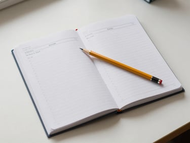 Overhead view of a student notebook open to a study schedule page, pencil resting across it, clean desk with minimal items, soft daylight, no faces