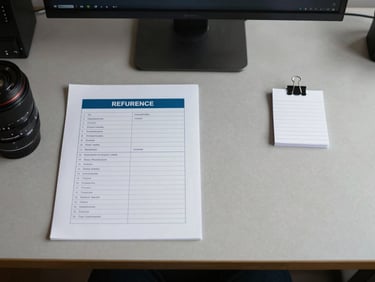 Flat-lay of a reference sheet and a small index card pinned beside a monitor, organized desk surface, soft ambient north light, no faces