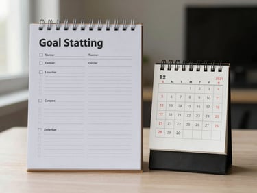 Flat-lay of a goal-setting worksheet and a small monthly calendar side by side on a light desk, soft window light from the left, no faces