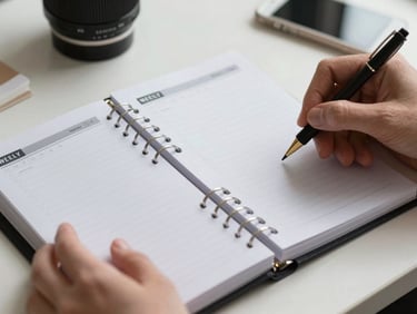 Close-up of hands opening a printed weekly planner on a clean desk, north-facing daylight, pages partially filled, no faces